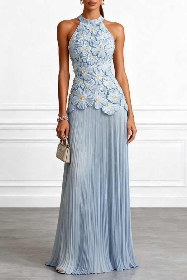 Blue Emilie 3D Floral Embroidered Halter Maxi Dress