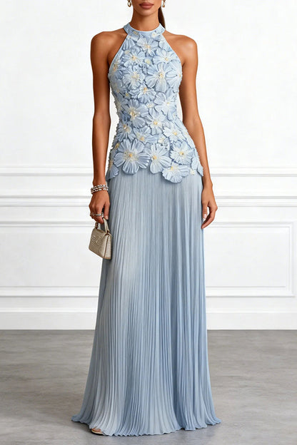 Blue Emilie 3D Floral Embroidered Halter Maxi Dress