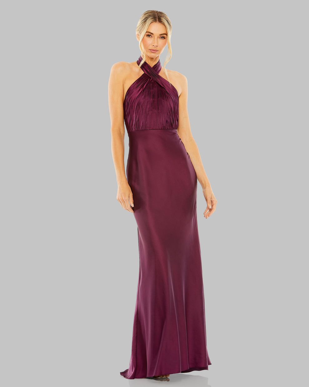 Length Satin Formal Sheath Mac Duggal 55995 Portia Tiered Tulle Halter Gown