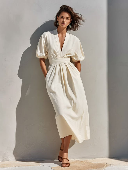 Women's Off-White Linen-Blend Midi Dress With V-Neck & Puff Sleeves, Timeless Minimalist Summer Dress MD Off-White-XS