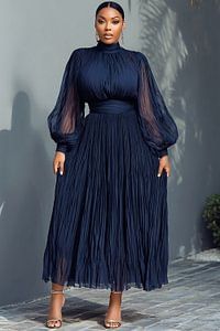 Xpluswear Design Plus Size Churchs Navy Blue Mock Neck Lantern Sleeve Long Sleeve See Through Elegant Ruffled Midi Dress