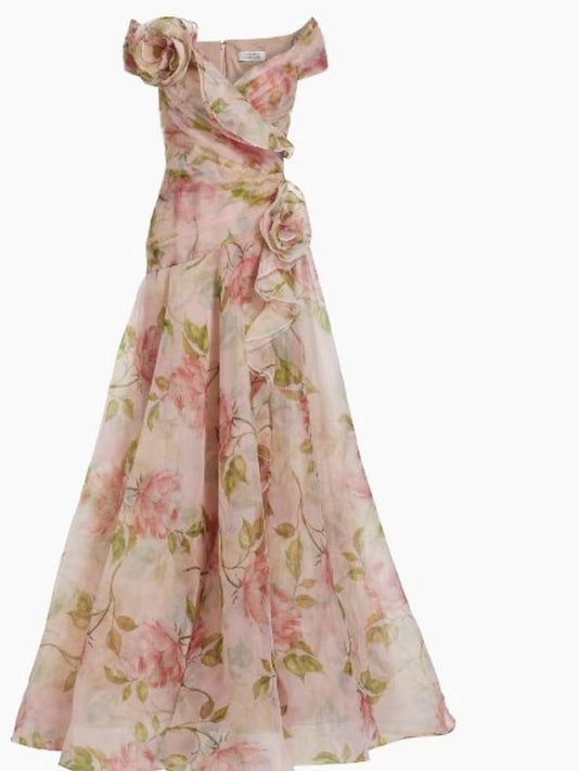 Teri Jon Off Shoulder Organza Floral Gown | Color: Pink | Size: 4