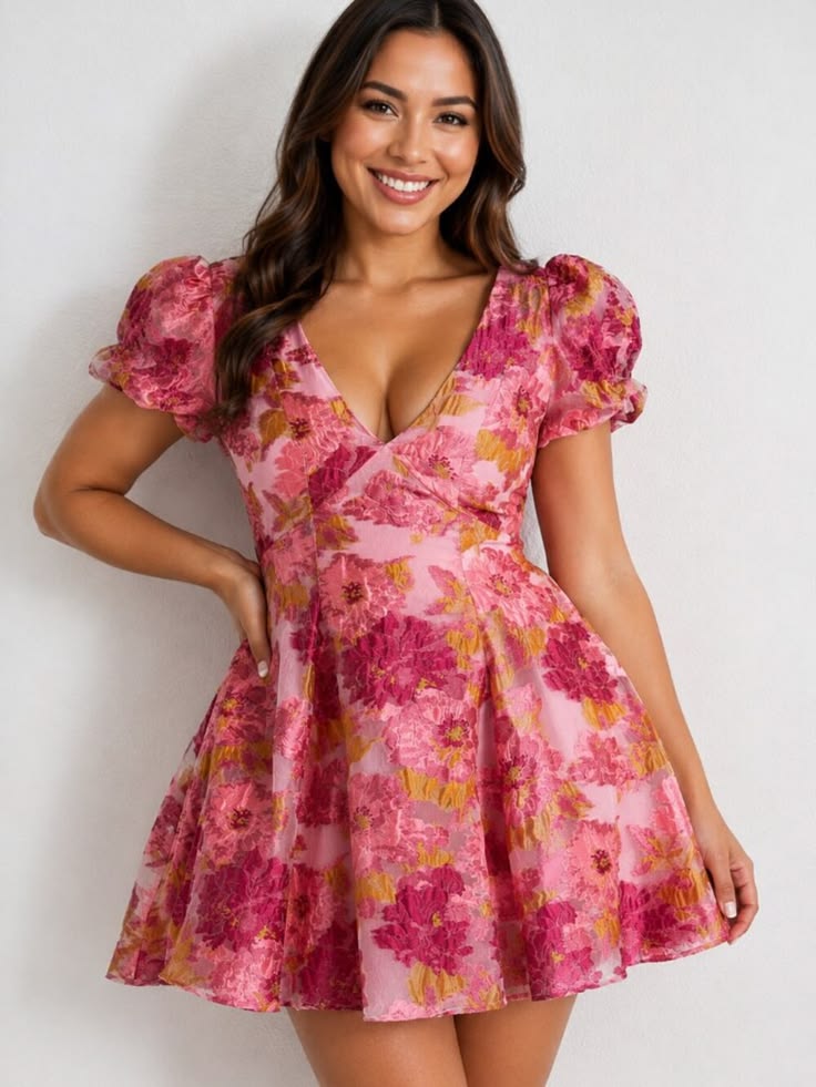 Showpo. Dresses | Showpo Brailey Jacquard Mini Dress In Pink Floral Summer Size 16 | Color: Gold/Pink | Size: 16