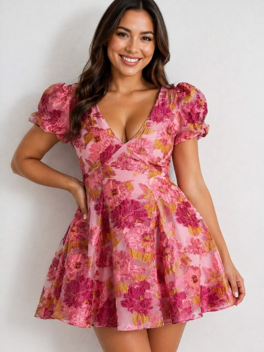 Showpo. Dresses | Showpo Brailey Jacquard Mini Dress In Pink Floral Summer Size 16 | Color: Gold/Pink | Size: 16