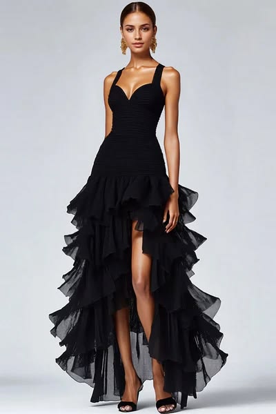 Ruffled Organza High-Low Black Formal Dress