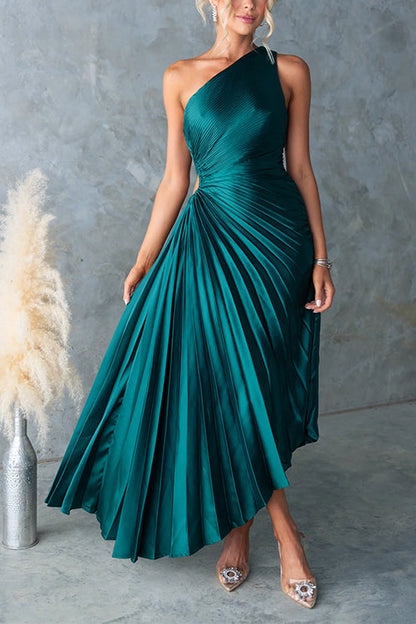 Deep Emerald Margot One-Shoulder Pleated Satin Maxi Dress