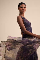 Vivienne One-Shoulder Organza Maxi Dress in Plum Floral