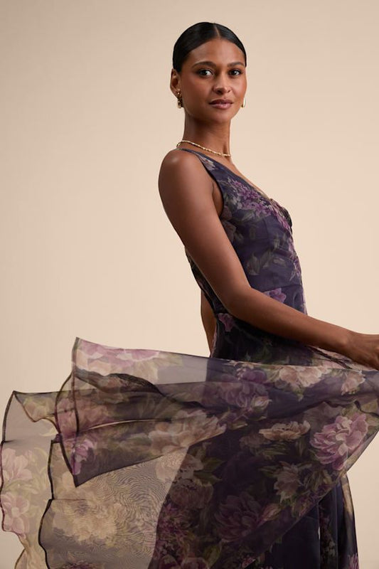 Vivienne One-Shoulder Organza Maxi Dress in Plum Floral
