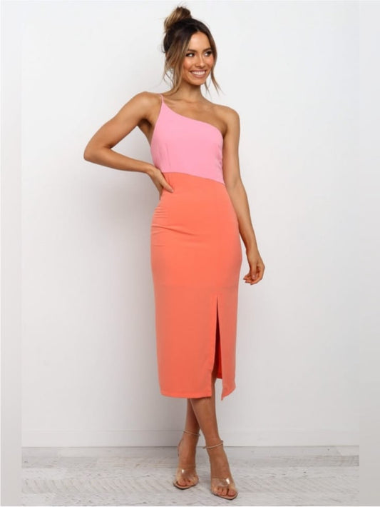 Petal & Pup Dresses | Petal & Pup Xiomar One Shoulder Midi Dress Pink Orange Colorblock Size 2 Xs | Color: Orange/Pink |