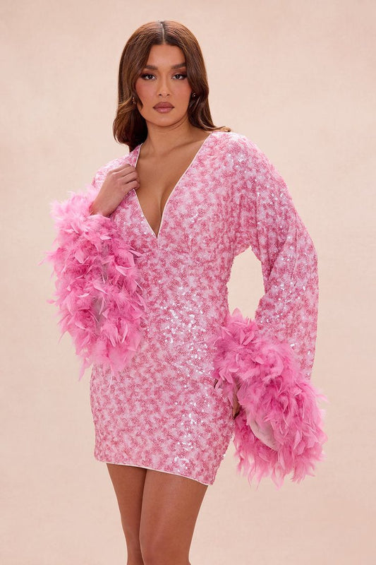 Women's Opal Dreams Feathered Sequin Mini Dress in Pink Size Medium