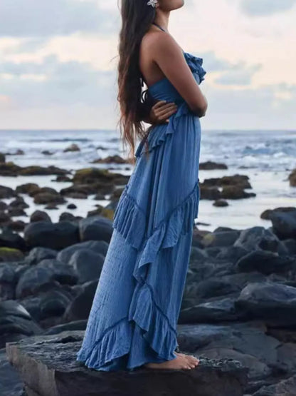 Beige Eleanor Ruffled Halter Maxi Dress