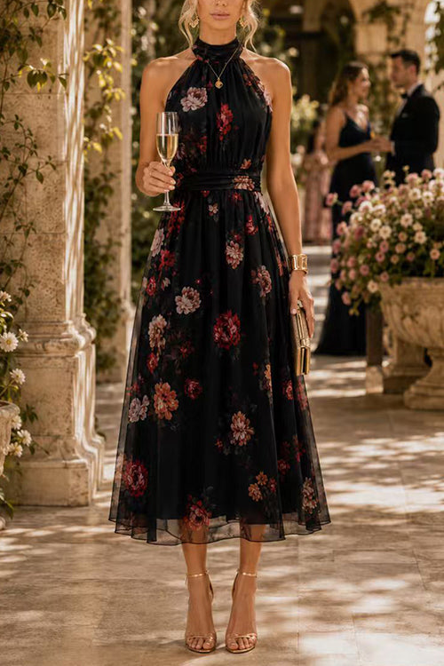 Black Margot Floral Flowy Midi Dress