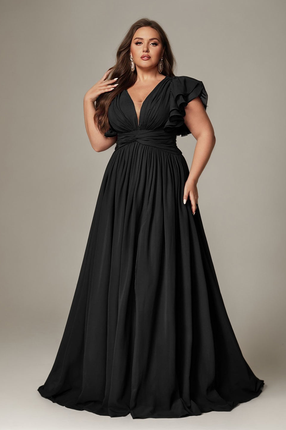 Blue Curveins Plus Size V-Neck Ruffle Sleeve Split A-Line Maxi Dress - 28/5X / Brown