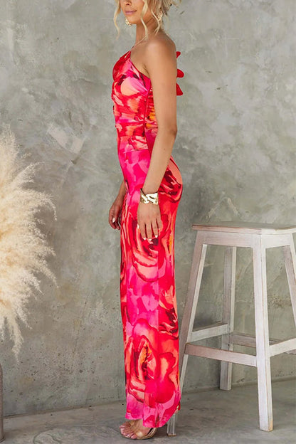 Red Margot Ruffle One-Shoulder Floral Maxi Dress