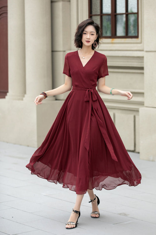 Neck Wrap Style 5222 Burgundy midi fit and flare prom chiffon dress