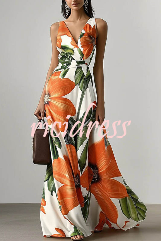 neck Sleeveless Fitted Waist Vacation Maxi Dress Valentina Floral Maxi Dress