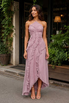 Long, Lightweight Chiffon Dress with Ruffle Decoration and Pleats
