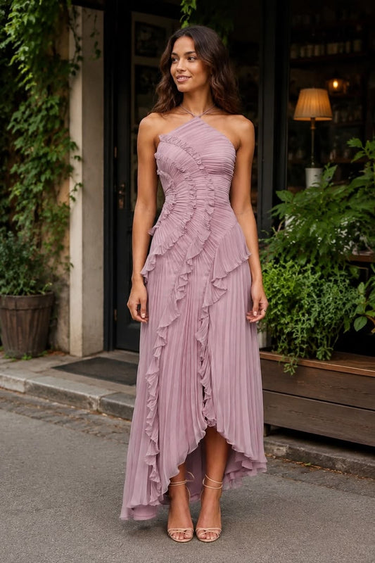 Long, Lightweight Chiffon Dress with Ruffle Decoration and Pleats