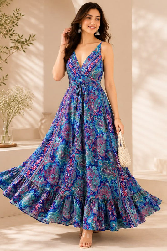 Blue Paisley Maxi Dress | Boho Summer Resort Wear, Kasturi Fabric