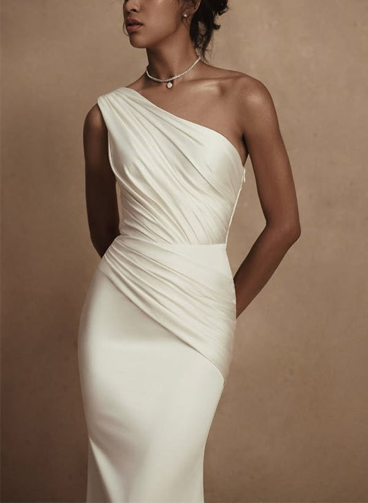 Missacc Ivory Bride A-Line One-Shoulder Sleeveless Detachable Matte Satin Wedding Dresses