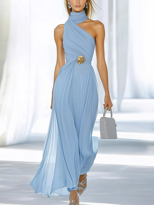 Celestine Light Blue Dress with Gold Waist Detail