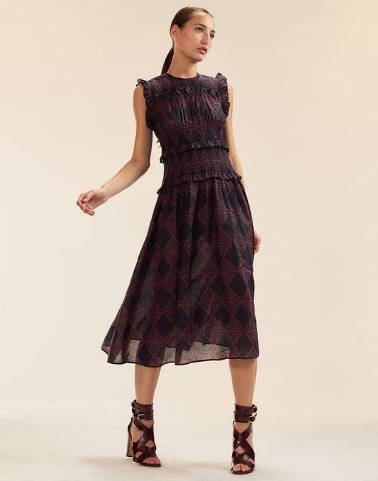 Tulum Ramie Linen Dress in Navy Red