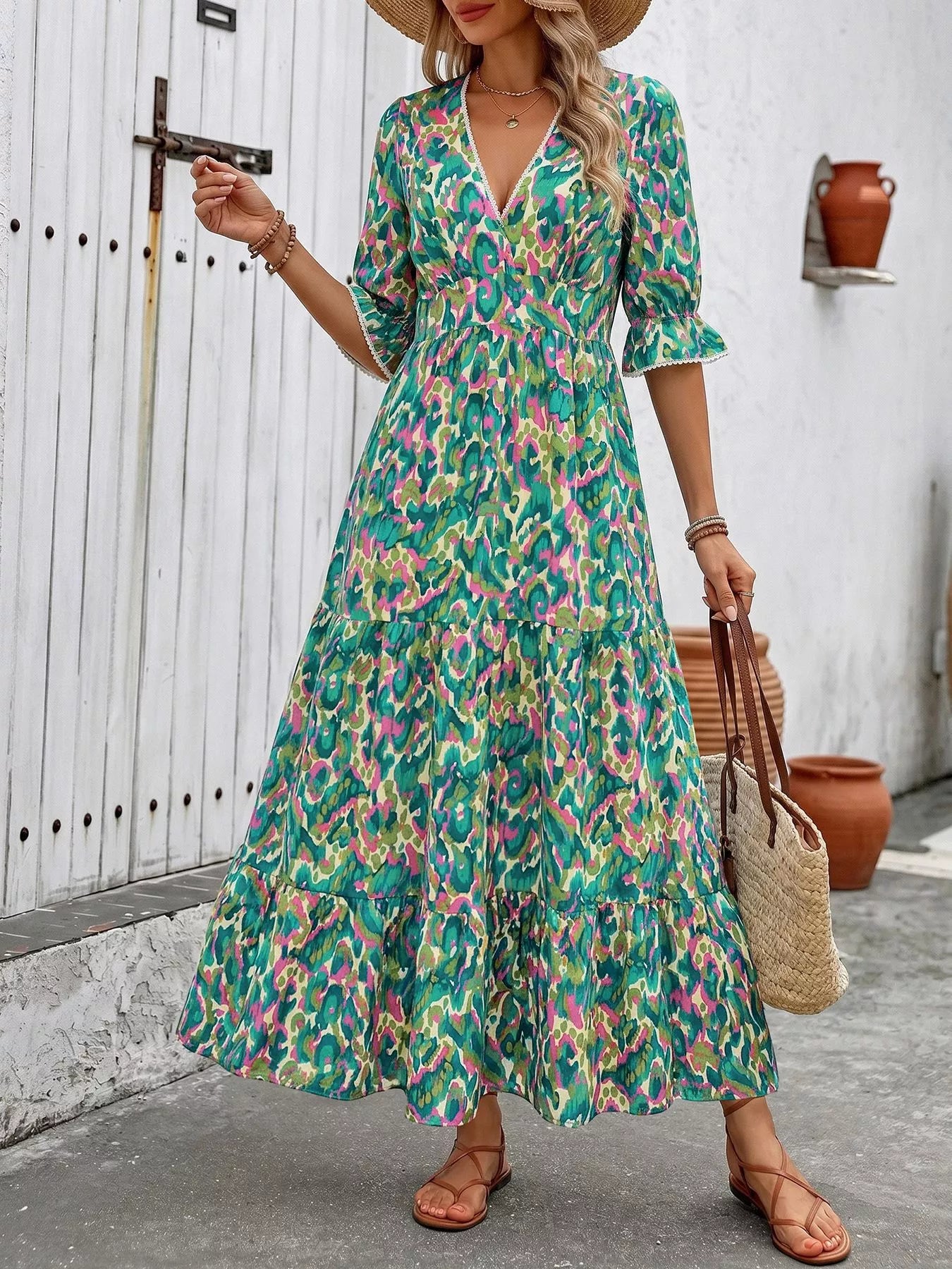 Neck Flounce Sleeve Dress Margot Printed V-Neck Tiered Dress