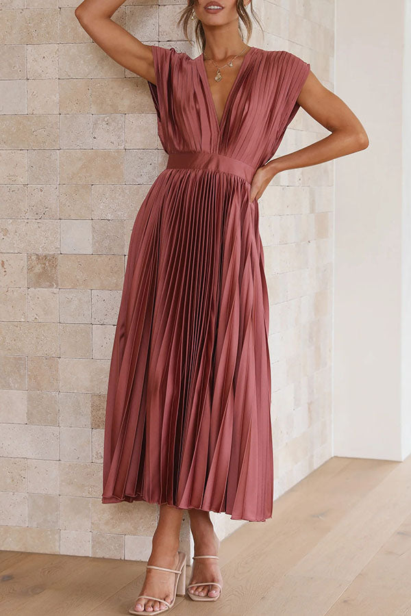 Champagne Georgiana Satin Pleated Midi Dress