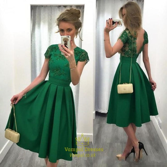 Emerald Green Cap Sleeve Backless Tea Length Homecoming Dress SKU - FS1078