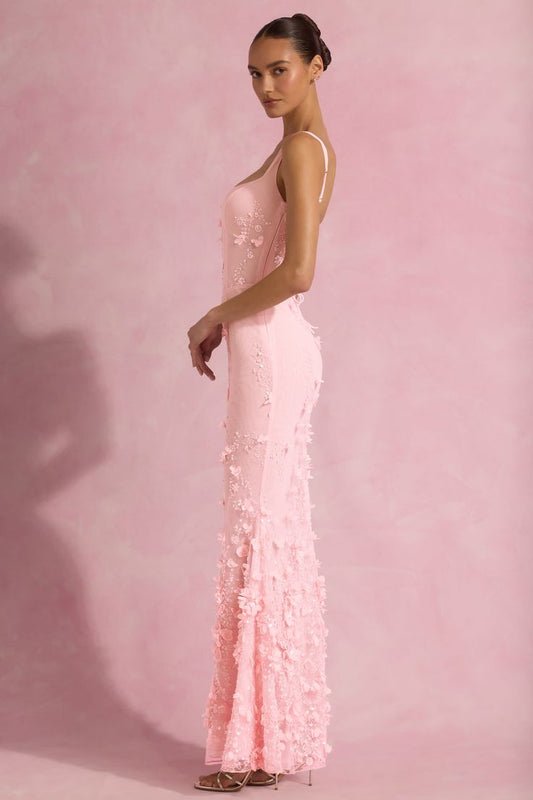 Embellished Appliqué Soft-Scoop Corset Gown in Pink