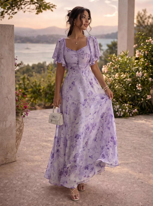 Floral Chiffon Maxi Dress | Romantic Flutter Sleeve Evening Gown for Weddings & Summer Parties