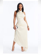 Sleeveless Cream Draped Halter Evening Dress | Color: Cream | Size: Xl