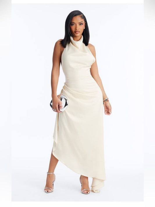 Sleeveless Cream Draped Halter Evening Dress | Color: Cream | Size: Xl