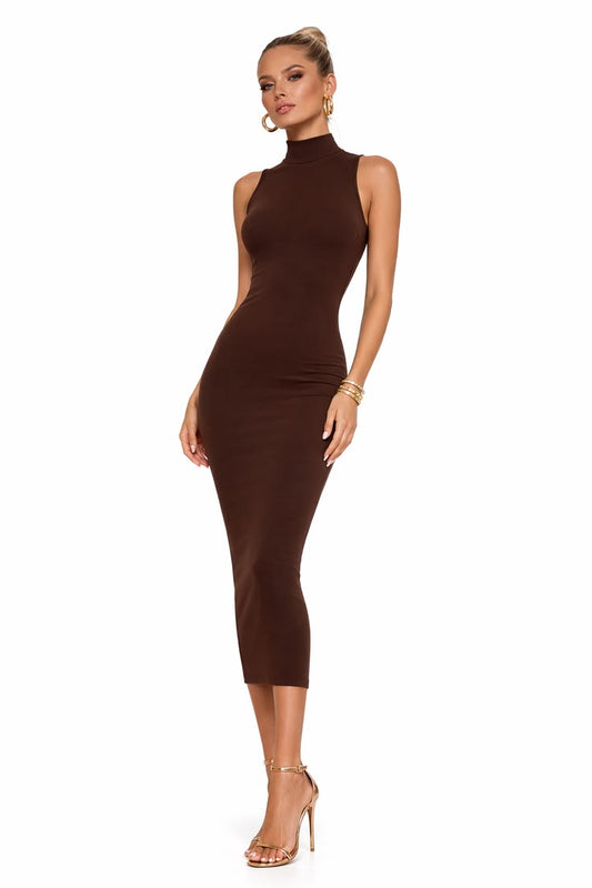 Ribbed Knit Mock Neck Midi Dress