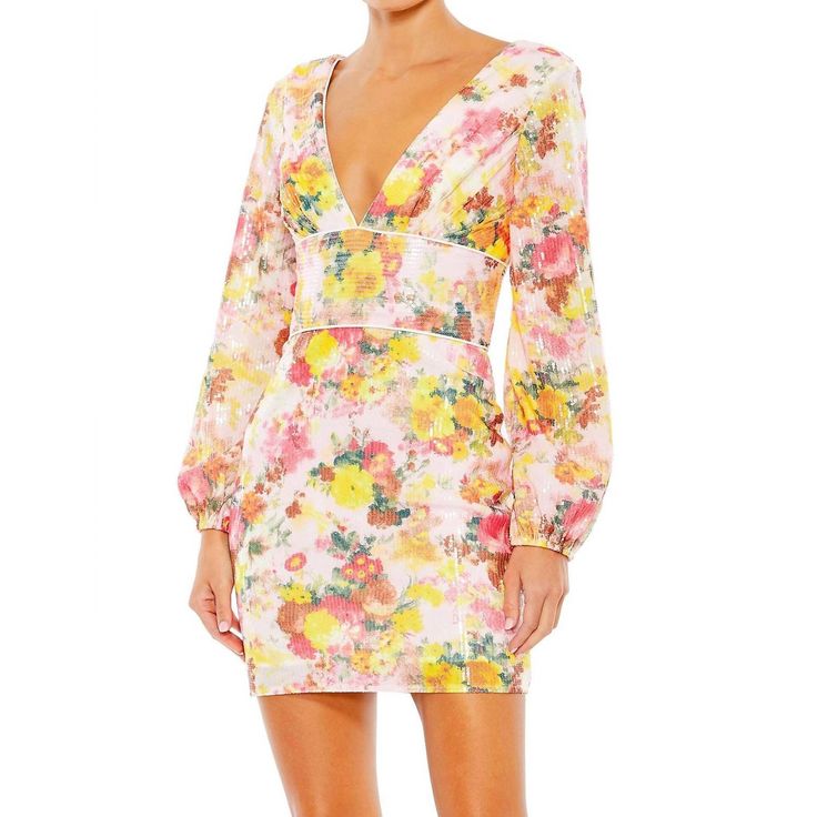 Mac Duggal Dresses | New Mac Duggal Sequin Floral V-Neck Long Sleeve Mini Dress In Pink Multi | Color: Pink | Size: 10
