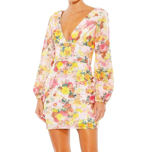 Mac Duggal Dresses | New Mac Duggal Sequin Floral V-Neck Long Sleeve Mini Dress In Pink Multi | Color: Pink | Size: 10