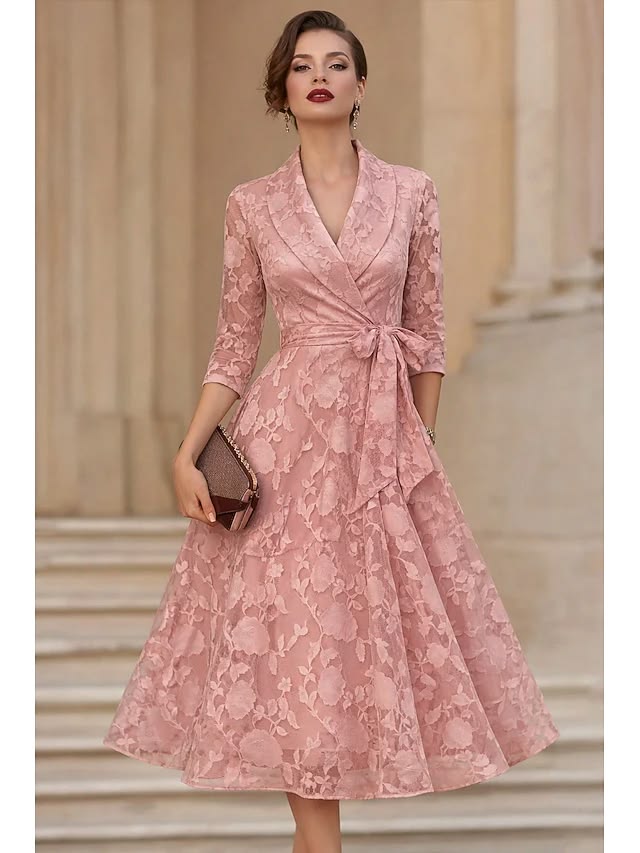 A-Line Tea Length Blazer Dress Formal Dresses Mother of the Bride Dress Long Sleeve Shirt Collar Elegant Vintage Formal 