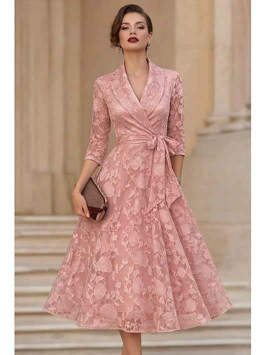 A-Line Tea Length Blazer Dress Formal Dresses Mother of the Bride Dress Long Sleeve Shirt Collar Elegant Vintage Formal 