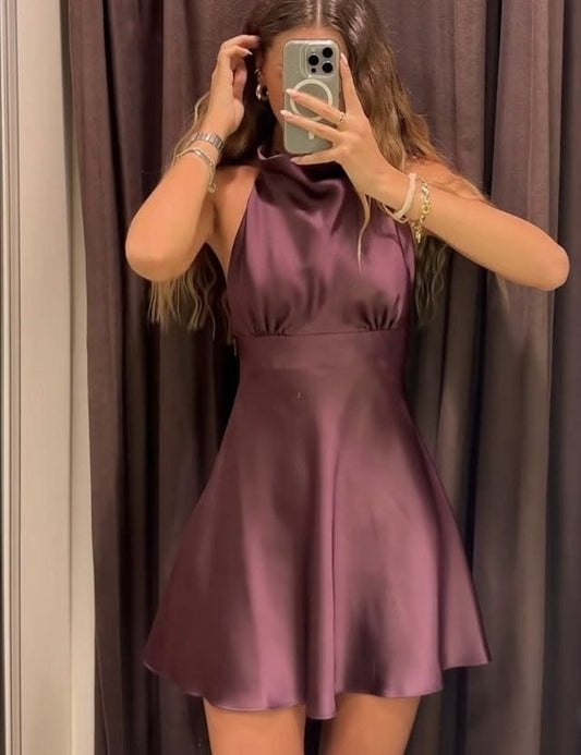 Elegant Homecoming Dress A Line Stain Halter Dark Purple Cocktail Dress Short Birthday Party Dress P4939 - AS PHOTO / Cu
