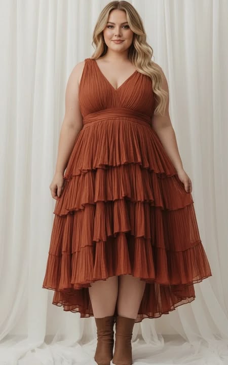 Plus Size Terracotta Off-the-shoulder Layered Ruffle Midi Evening Dress