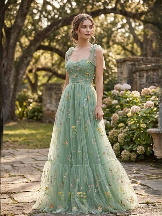 Green 1930s Shoulder Tie Embroidered Floral Mesh Dress - Gray Green / S