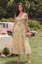 Margot Off-Shoulder Ruffle Midi Dress in Golden Yellow
