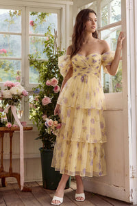 Linie Tüll Schulterfreies Midi Kleid