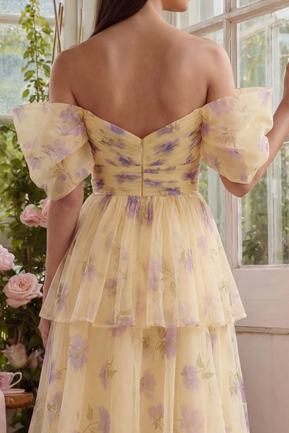 Linie Tüll Schulterfreies Midi Kleid Margot Off-Shoulder Ruffle Midi Dress in Golden Yellow
