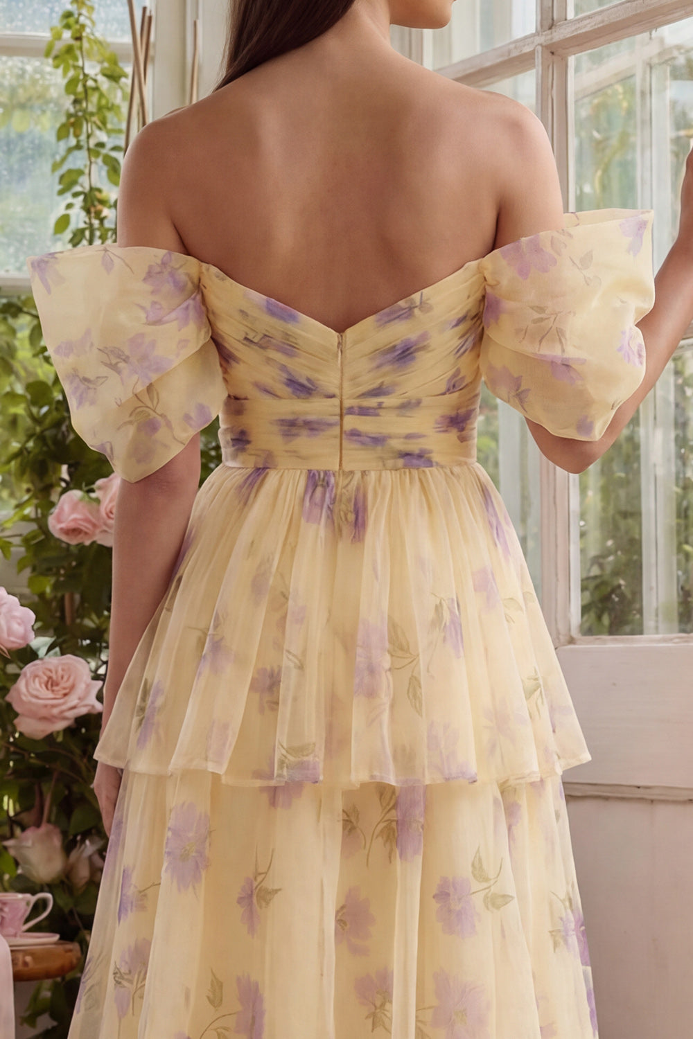Linie Tüll Schulterfreies Midi Kleid Margot Floral A-Line Maxi Dress in Yellow