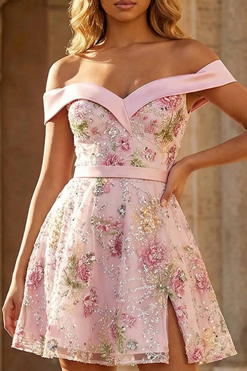 Pink Sparkly Floral Pink Off the Shoulder Short Prom Dress with Slit - Pink / US14