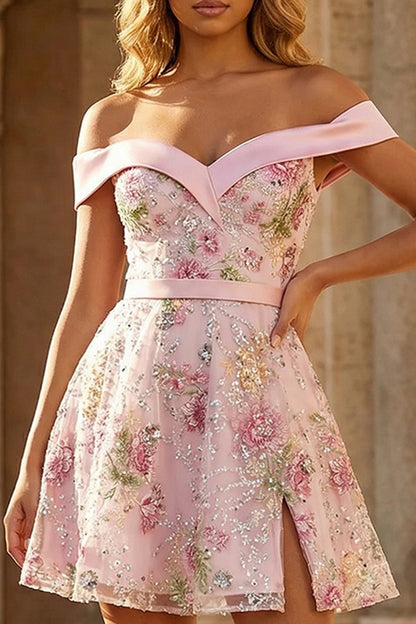 Pink Sparkly Floral Pink Off the Shoulder Short Prom Dress with Slit - Pink / US14
