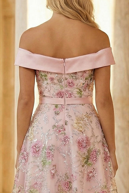 Pink Sparkly Floral Pink Off the Shoulder Short Prom Dress with Slit - Pink / US14