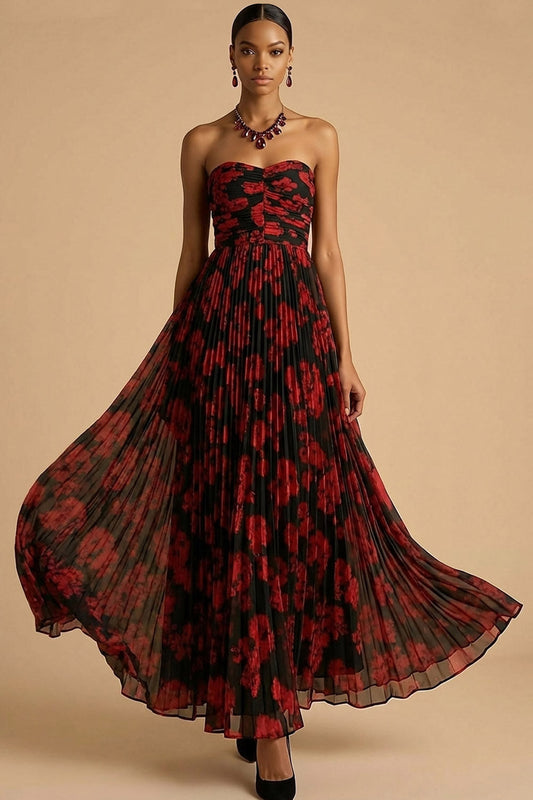 Black Red Flower Vivienne Floral Pleated A-Line Dress