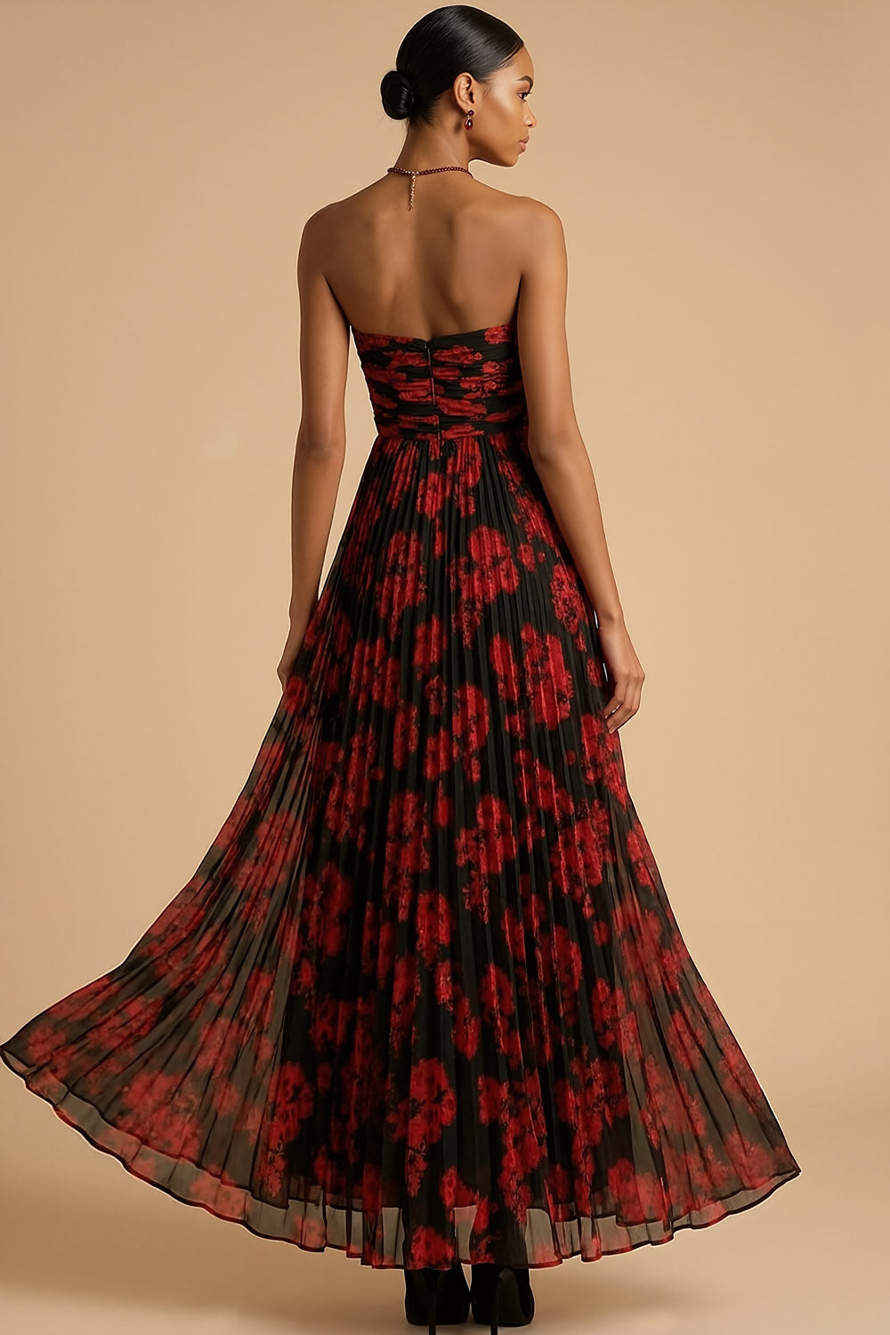 Black Red Flower Vivienne Floral Pleated A-Line Dress